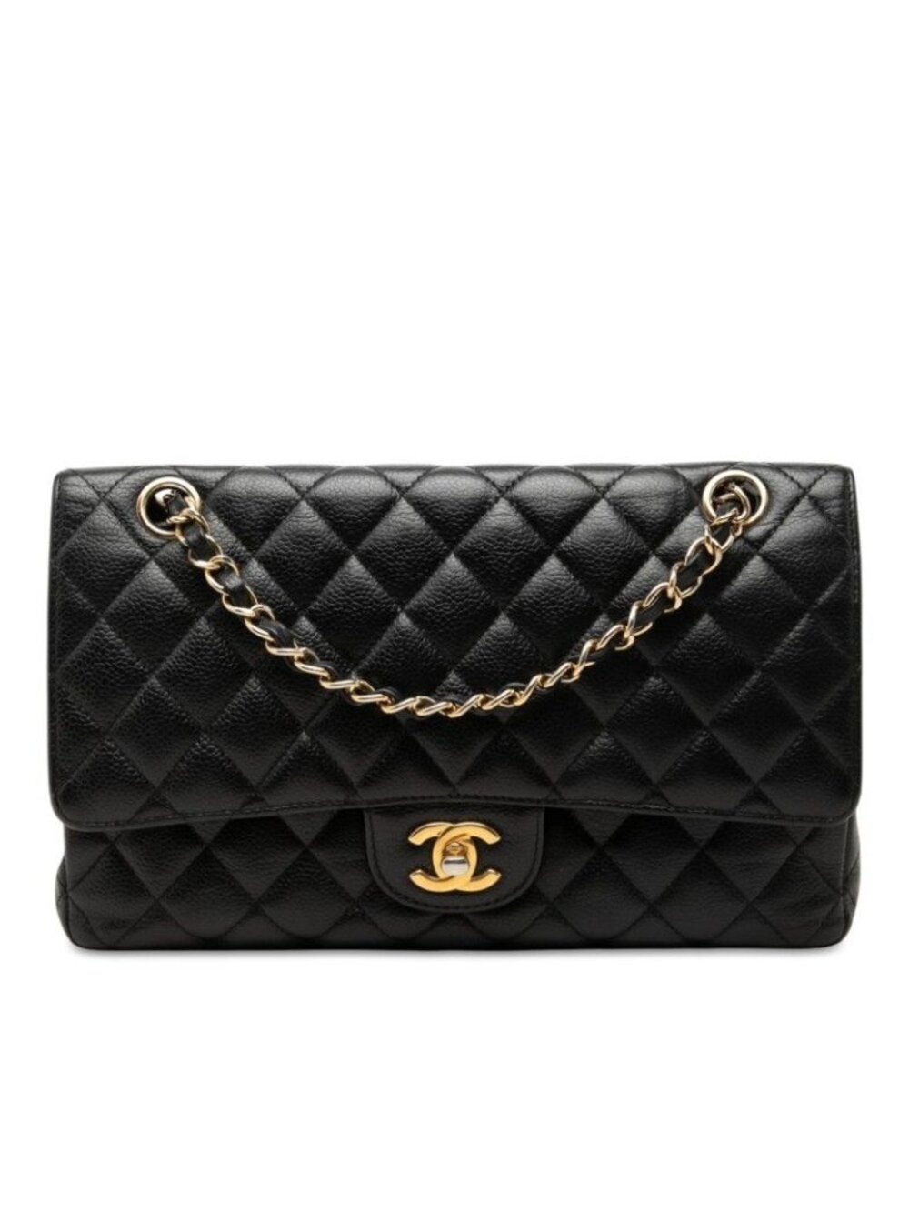 Chanel Quilted CC Logo Double Flap Chain Shoulder Bag Black Gold Caviar Leather